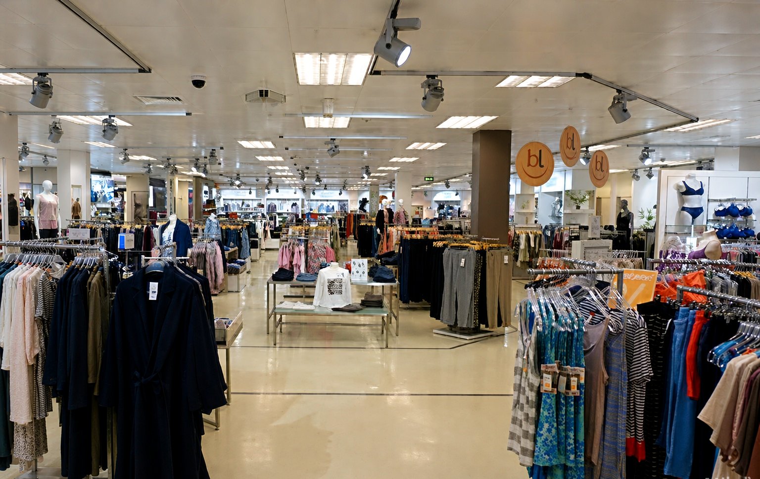 Fashion retail floor — track spotlights over display runs