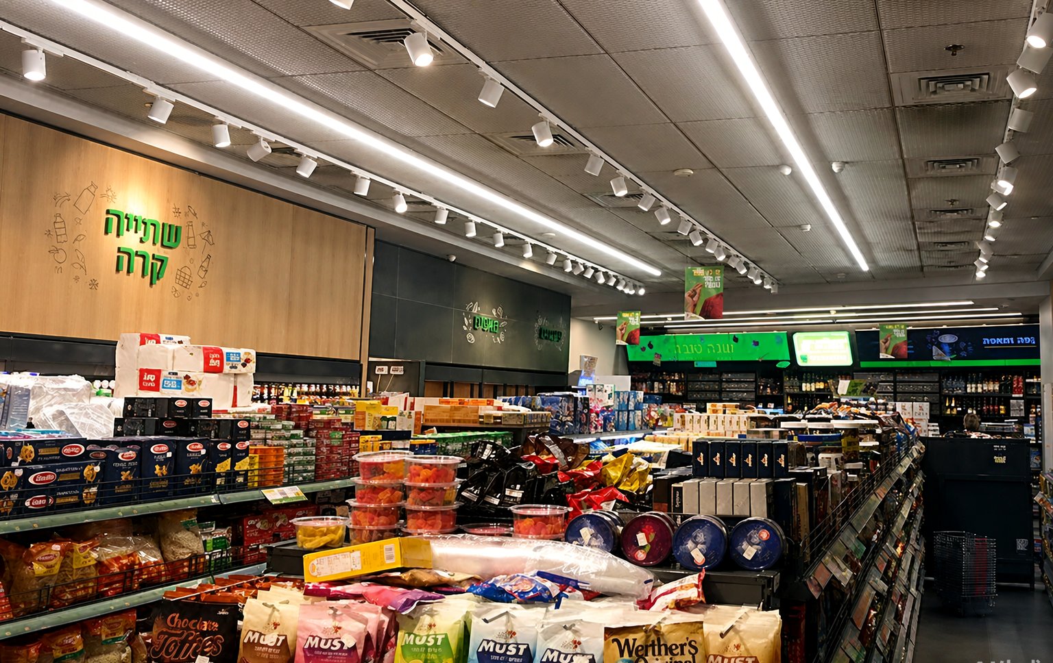 Supermarket aisle — track spotlights on shelving